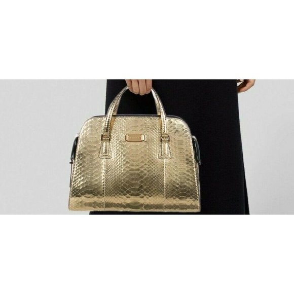 Michael Kors Metallic Gold Python Gia /Gold Tone Hardware Dual Flat Handbag - Picture 6 of 8